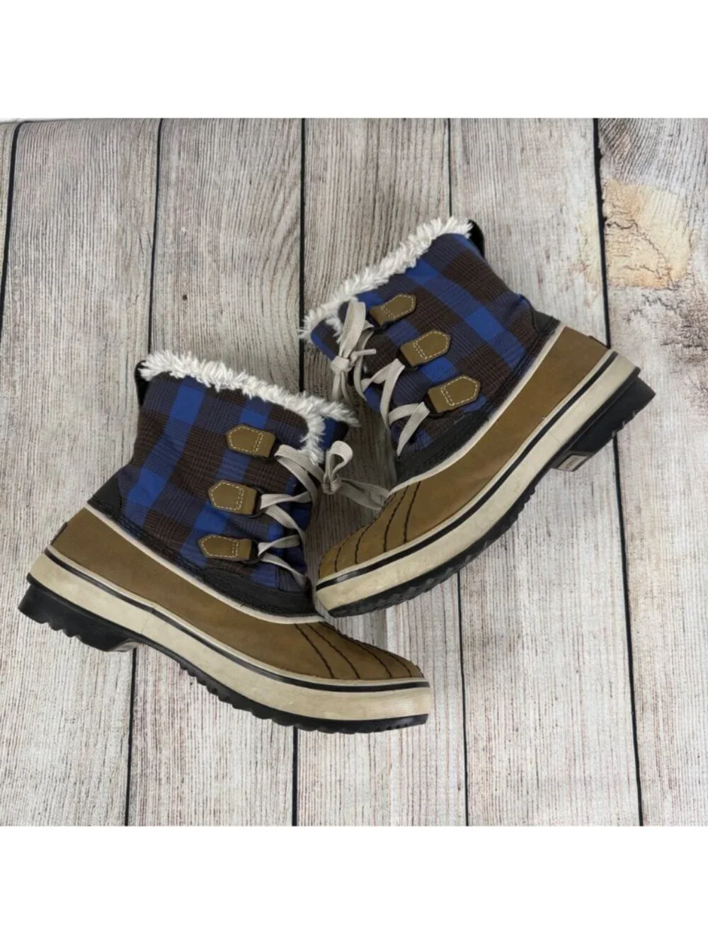 Sorel Tivoli Plaid Snow Boots Blue Black Checkered Pattern Waterproof Size 7.5
